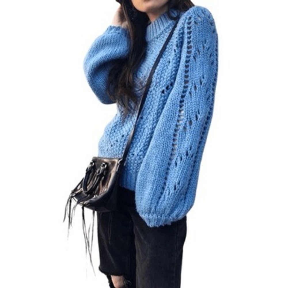S4 H&M Alpaca Wool Blend Sweater Pointelle Knit Blue Mock Neck Balloon Sleeve M
